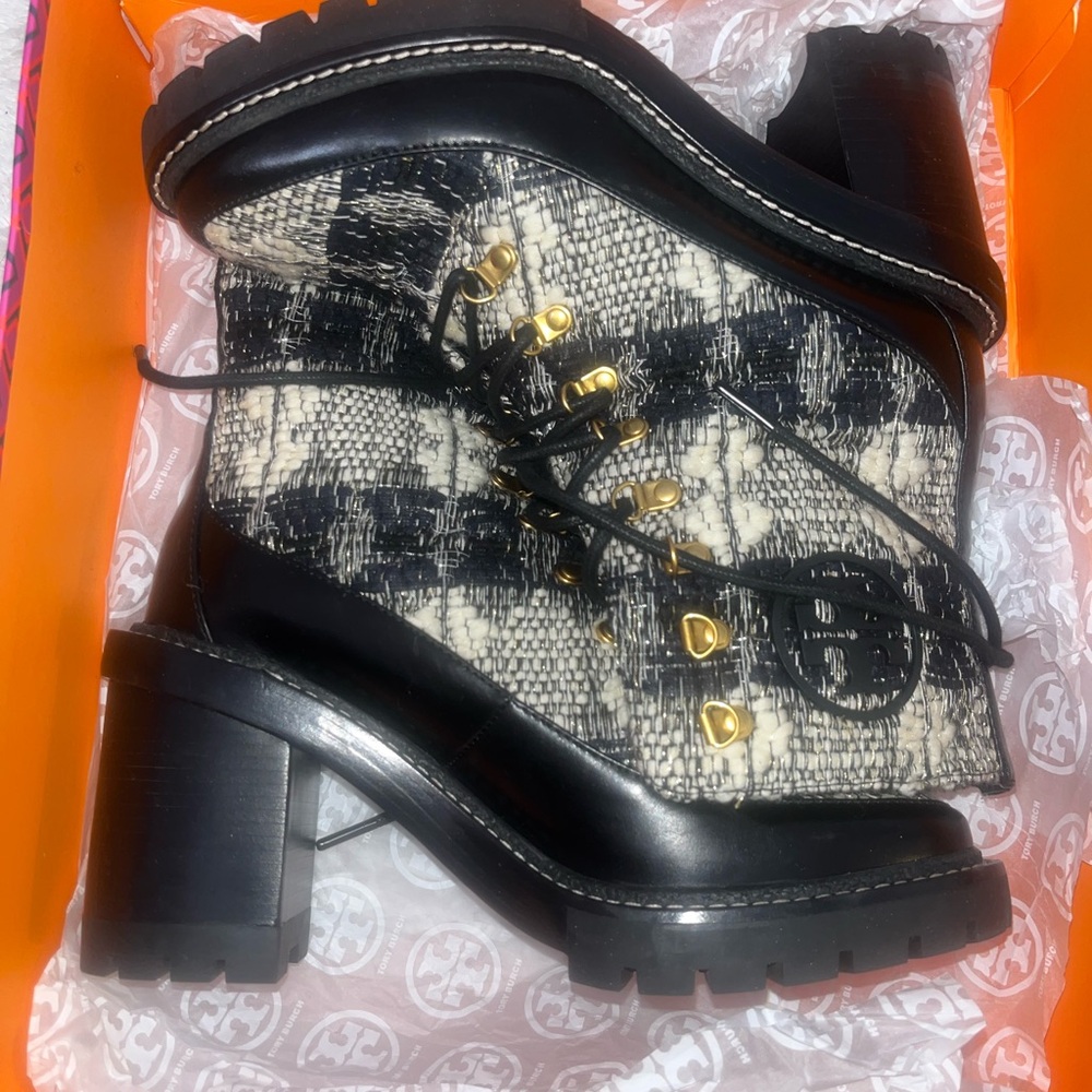 Tory Burch Black and Cream Lace-Up Boots